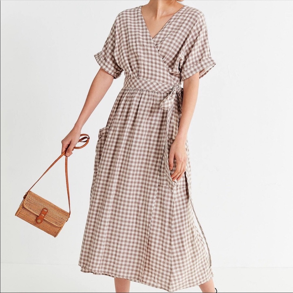 Urban Outfitters Gingham Gabrielle Linen Wrap Dress